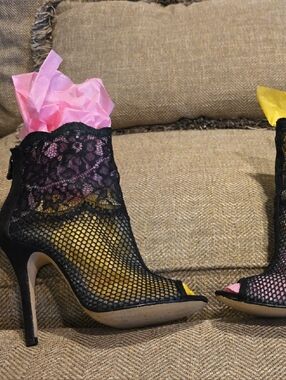 Chinese Laundry Black Lace Mesh Open-Toe Ankle Booties